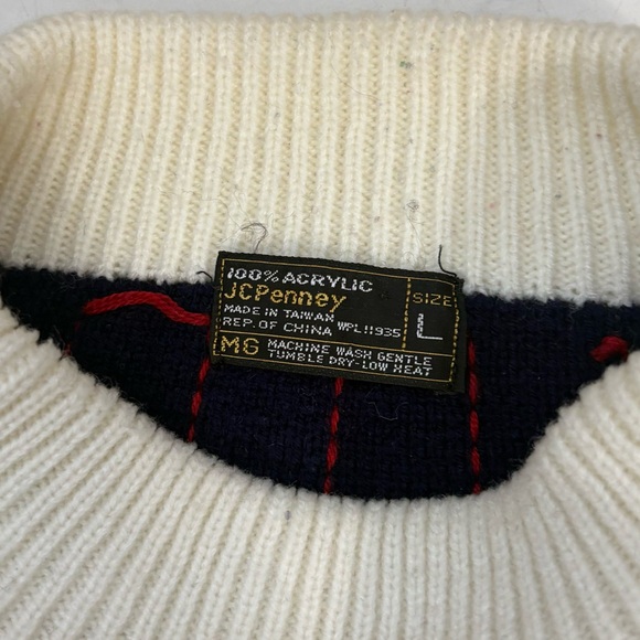 Vintage JCPenny Size Large Navy Blue White Red Fair Isle Knit Sweater Preppy - Picture 5 of 7